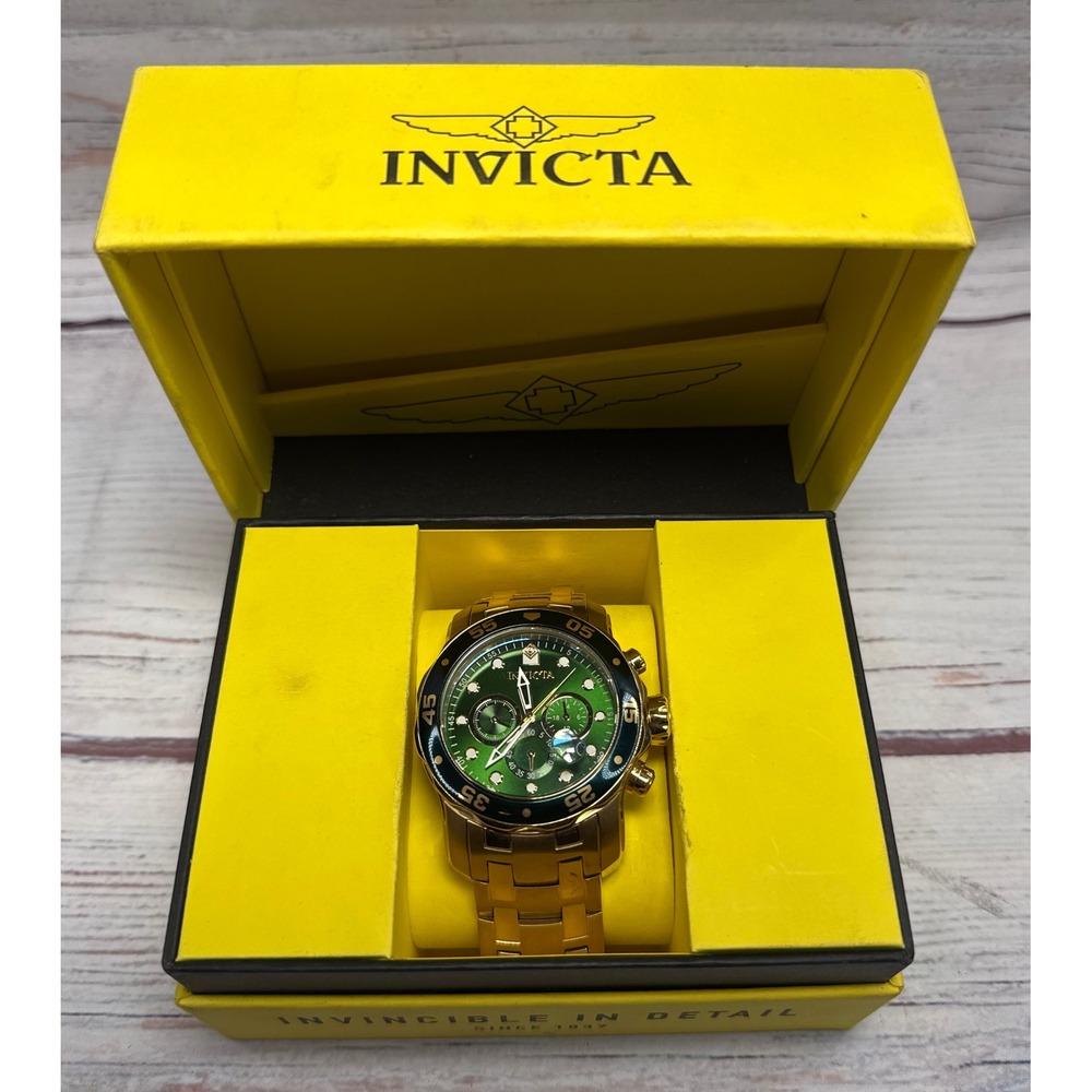 Mens Invicta Pro Diver Scuba 18kt Gold Plated Chronograph Green 48mm Watch